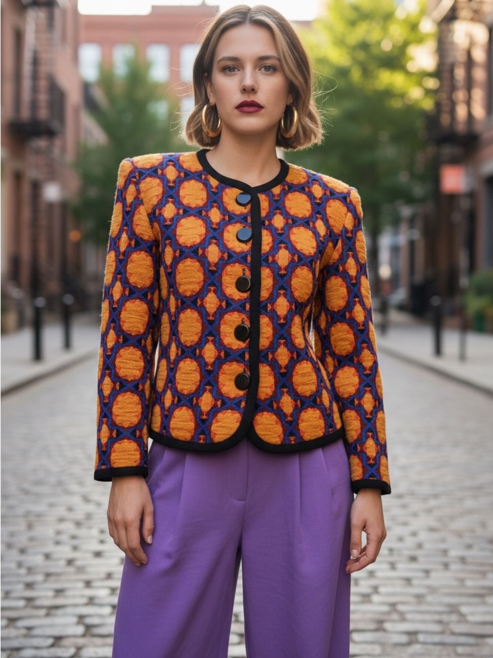 Yves Saint Laurent Orange & Blue Geometric Bouclé Jacket